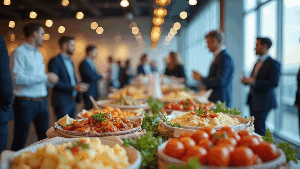 a stock photo showing a group of people wearing business clothing in line at a buffet