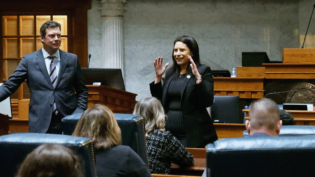 a photo of State Senator Cyndi Carrasco addressing the Future Leadership Division inside the Senate chamber