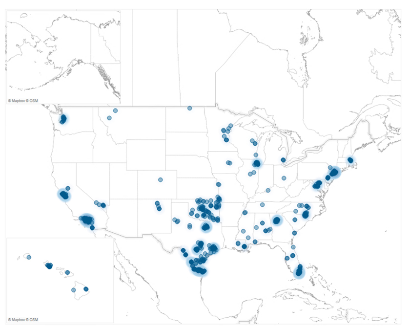 a map of the United States with dots depicting the location of every MDI across the country