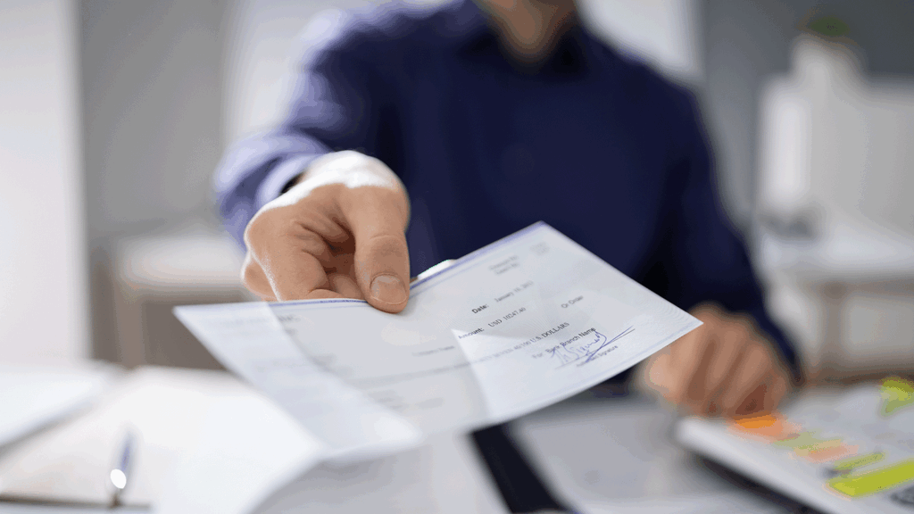 a picture of a man handing over a paper check