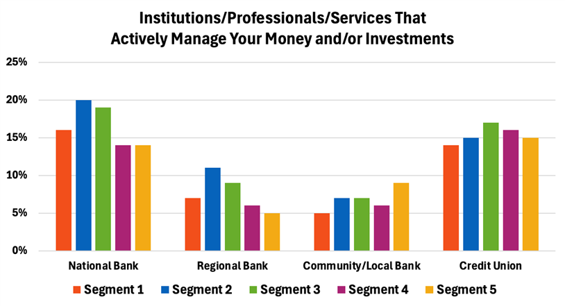a graphic explaining the percentage of each of the five segments discussed in this article served by national banks, regional banks, community banks, and credit unions