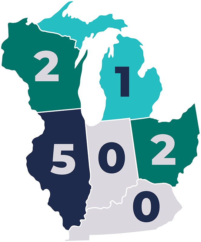 a map showing how many MDIs are currently in Indiana and its neighboring states