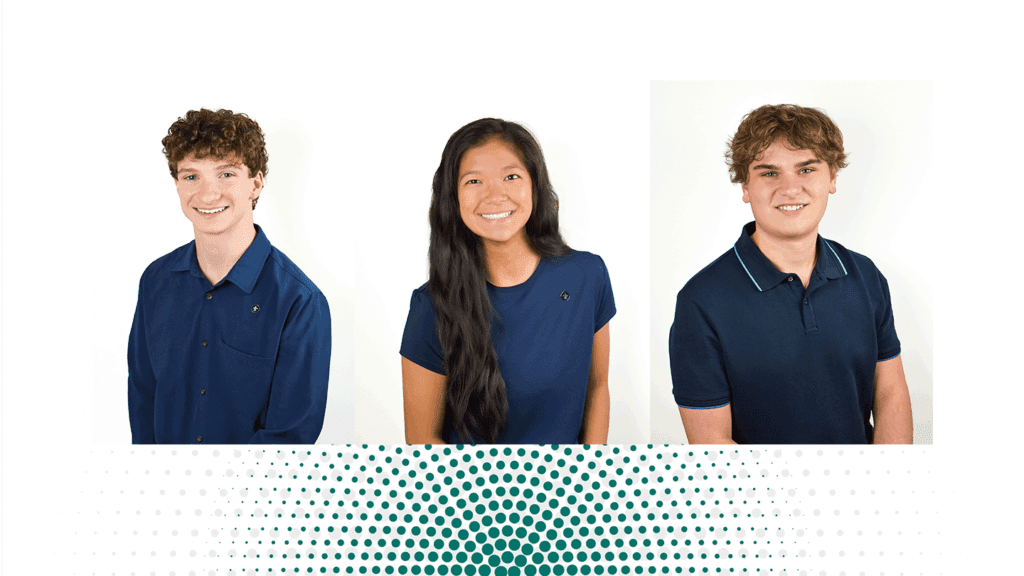 Three headshots of college students each wearing navy colored business casual clothing.