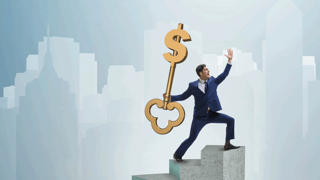 an illustration depicting a man in a business suit carrying an oversized key up a staircase in an illustration of success