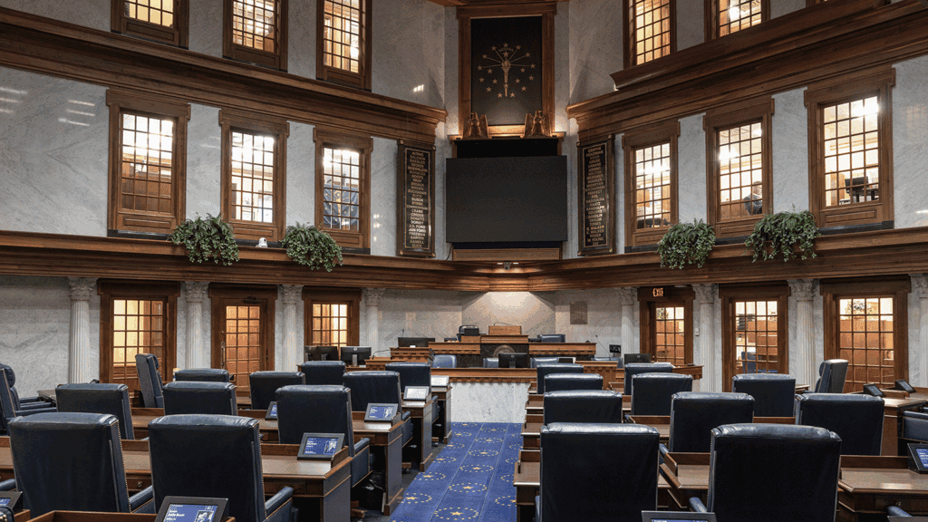 a photo showing the interior of the Indiana Senate chambers