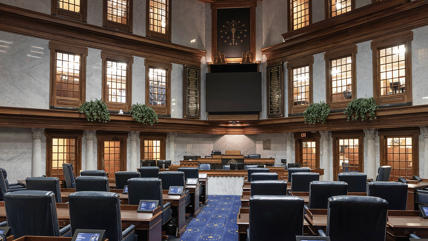 a photo showing the interior of the Indiana Senate chambers