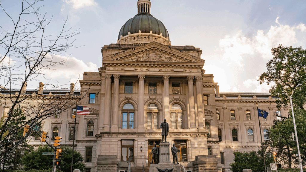a photo of the front of the Indiana Statehouse