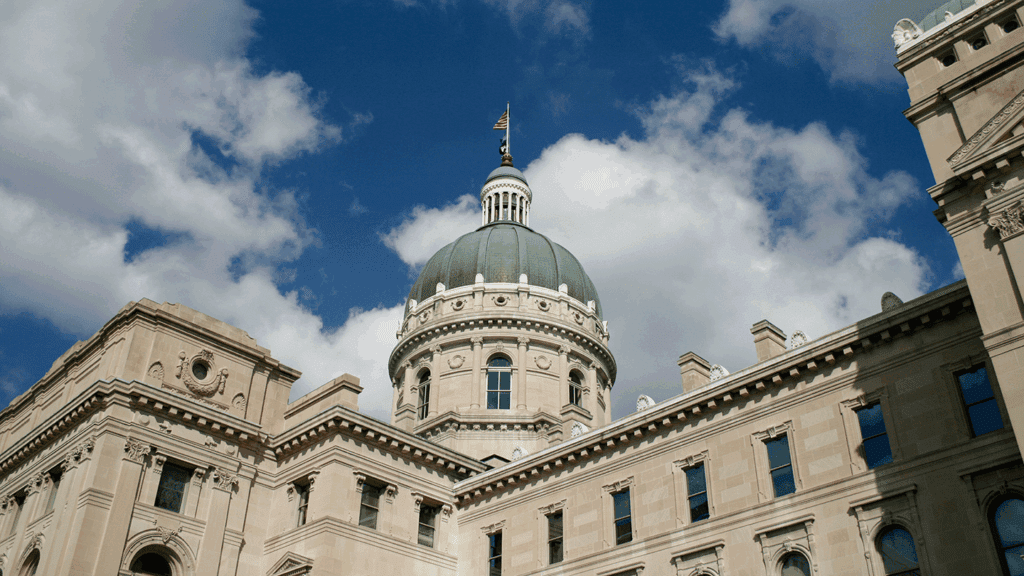 a photo looking up at the Indiana Statehouse, from close to the building
