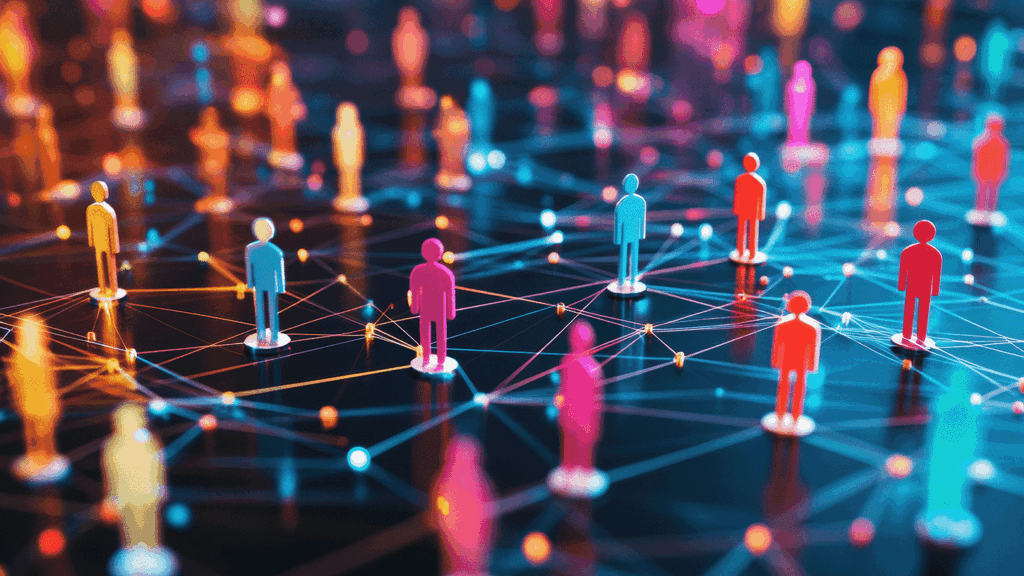 an AI-generated illustration showing figures representing people, connected by a network of lines