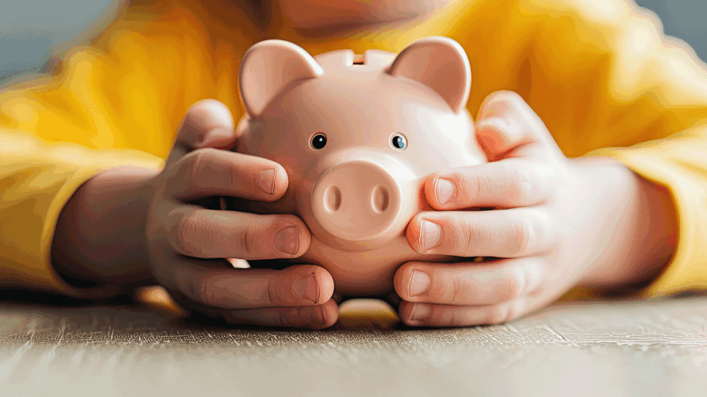an AI-generated image of a child wearing a long-sleeved yellow shirt and their face out-of-frame, holding a piggy bank