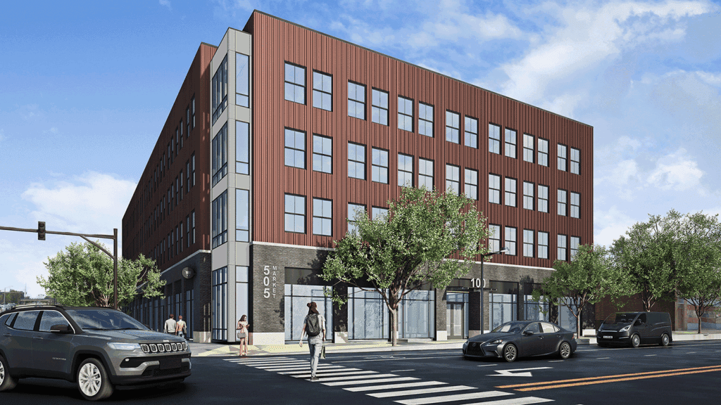 An artist's rendering of The Monreaux, a four-story modern building that will serve as mixed-use, mixed-income housing in South Bend, Indiana.