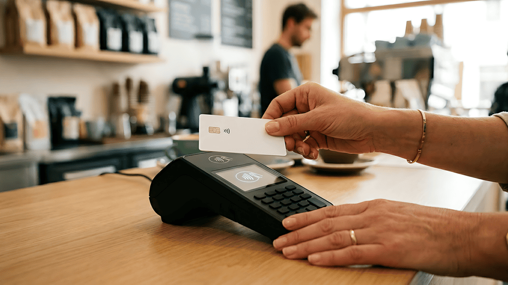 AI-generated image of a person using contactless card at a payment terminal on a coffee shop counter