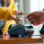 a photo of a customer handing a vendor their debit card