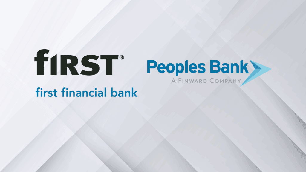 logos of First Financial Bank, Cincinnati, and Peoples Bank, Munster
