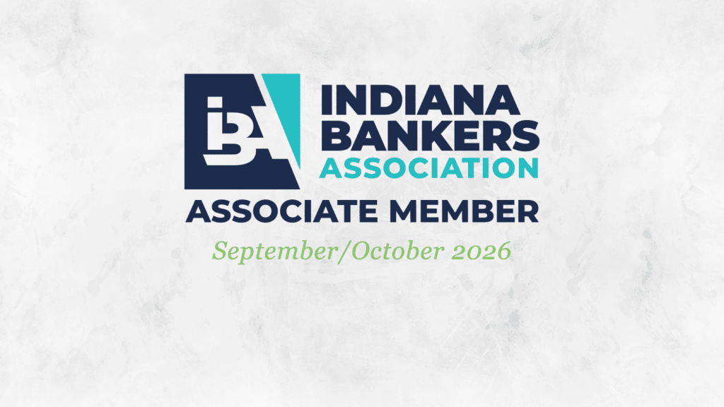 Indiana Bankers Association logo with 'Associate Member' and 'September/October 2026' on a light marble background.