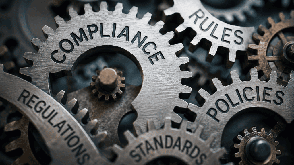 Interlocking metal gears labeled Compliance, Rules, Policies, Regulations, and Standards.