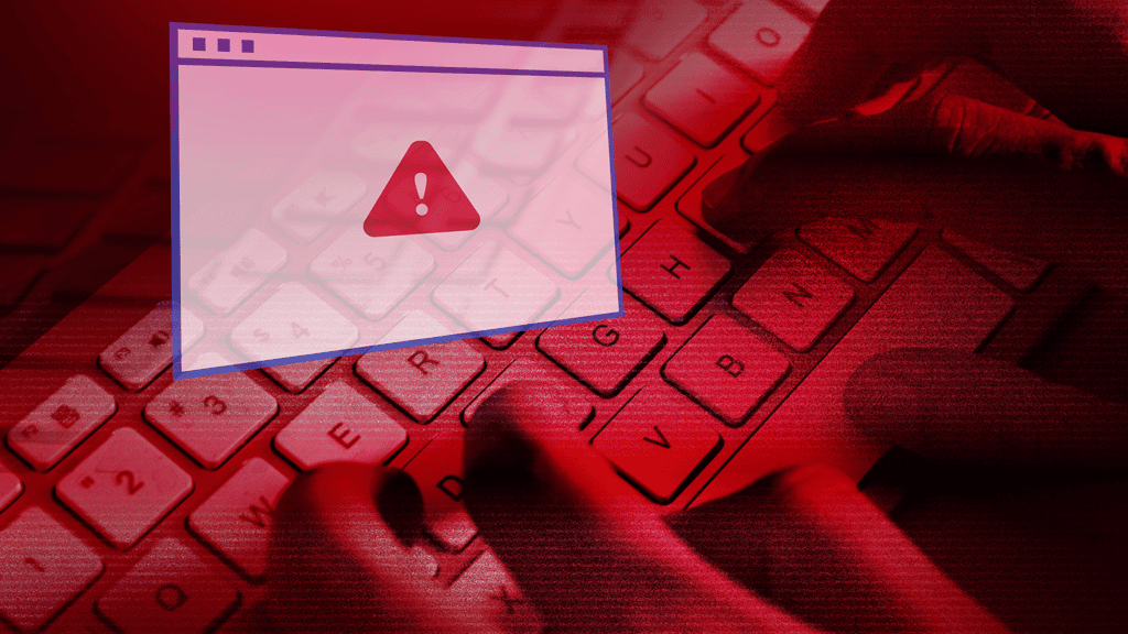 Red-tinted image of a computer keyboard with a pop-up warning icon signaling a security alert.