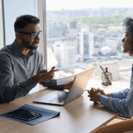 Two professionals in a glass-walled office discuss with a laptop open on the desk and a tablet nearby, city skyline in the background.