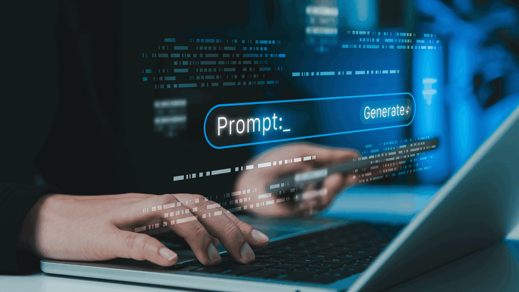 a graphic of hands typing an AI prompt into a laptop