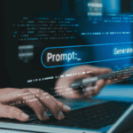 a graphic of hands typing an AI prompt into a laptop