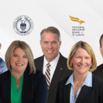 a graphic featuring headshots of five adults in business dress